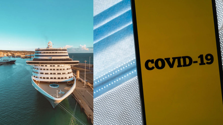výletná loď na mori, rúško na ktorom je mobil s nápisom Covid 19 na žltom pozadí