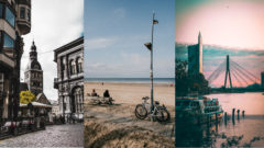 Stará Riga, ľudia na lavičke a bicykel na pláži, Riga loď na vode mrakodrapy v pozadí