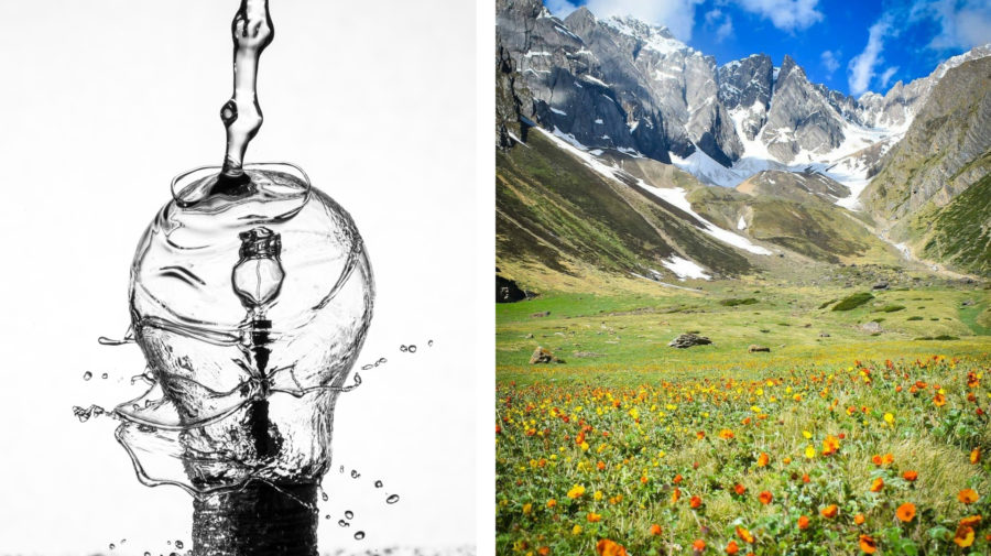 tvar žiarovky vytvorený vodou a výhľad na švajčiarske alpy