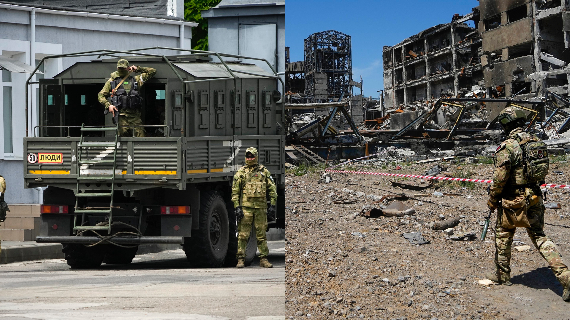 Ruskí vojaci strážia ulicu na okupovanej Ukrajine. Ukrajinskí vojak kráča zbombardovaným Mariupolom