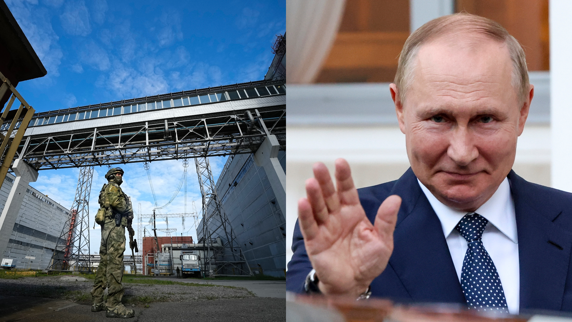 Vojak v maskáčoch a zbroji stojí v priestoroch záporožskej jadrovej elektrárene. Vladimir Putin s úsmevom máva do kamery.