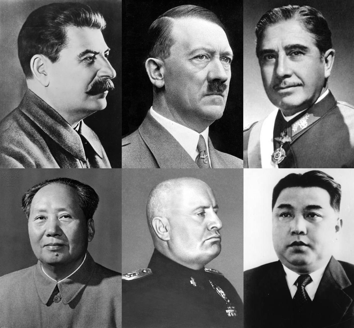 Koláž totalitných vodcov - Josifa Stalina, Adolfa Hitlera, Mao Ce-tunga, Benita Mussoliniho a Kim Il-sunga