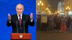 Putin ukazuje rukami, dav ruských protestujúcich