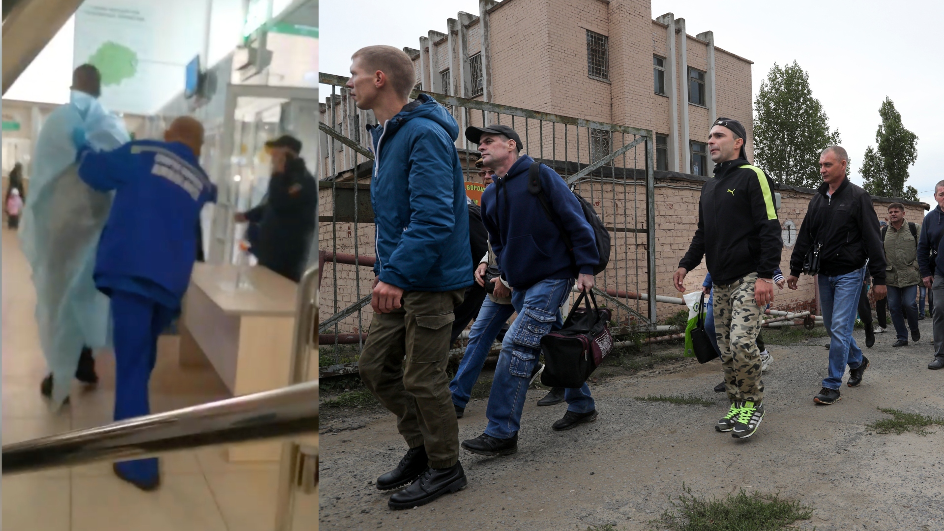 Muža, ktorý sa zapálil a kričal že nechce bojovať na Ukrajine, odvádzajú záchranári. Regrúti nastupujú v rámci ruskej čiastočnej mobilizácie.