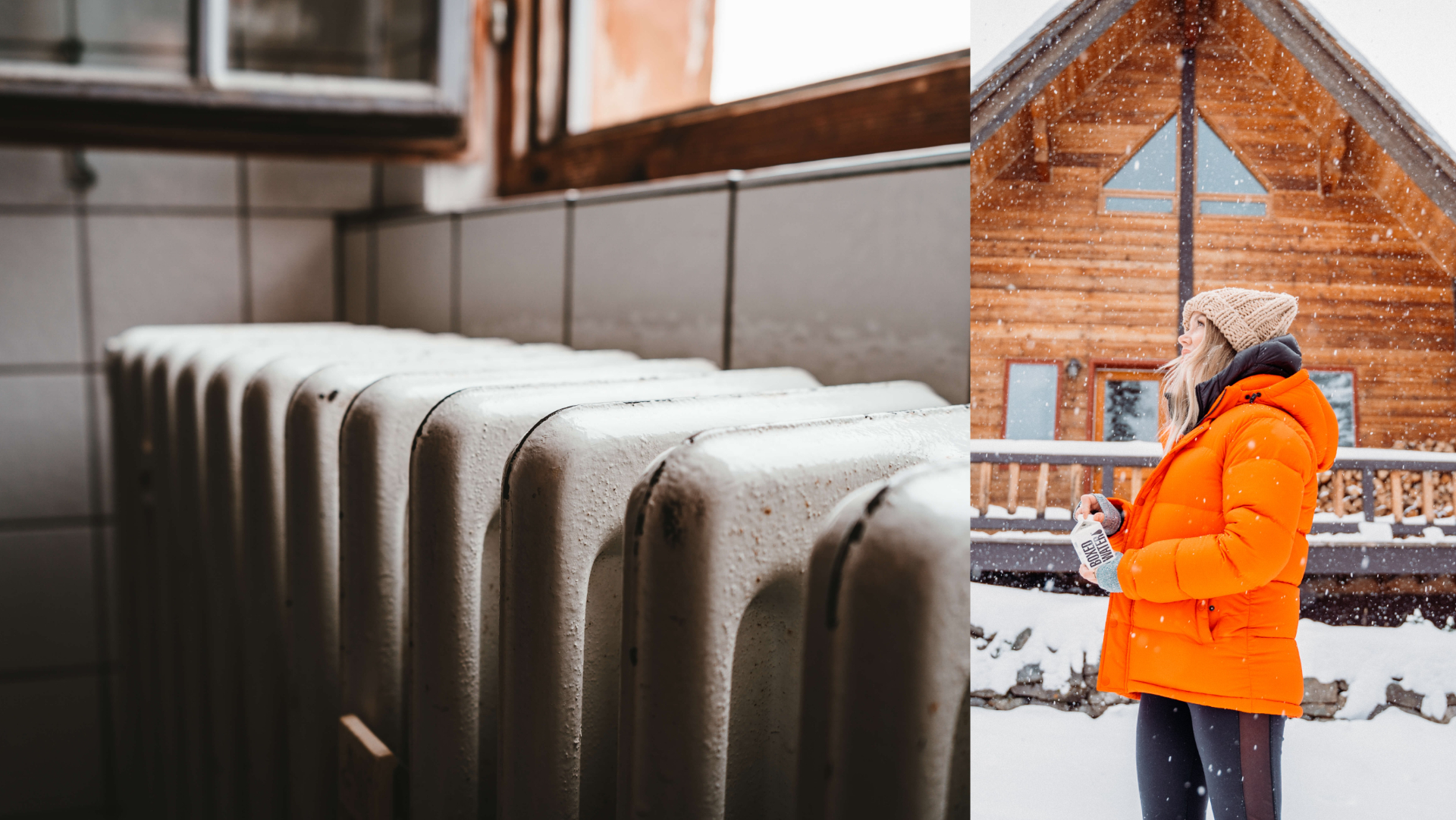 radiátor, žena v zimnej oranžovej bunde pred drevenou chatou