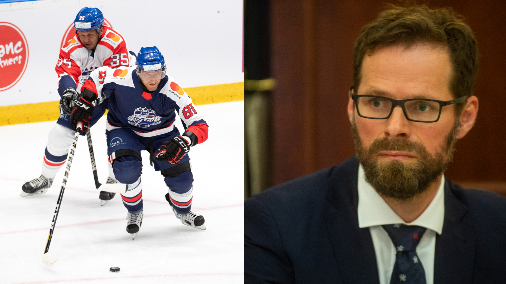 Hokej, Marián Hossa (Slovensko) a v pozadí Pavel Brendl (Česko), Michal Handzuš, ilustračné foto