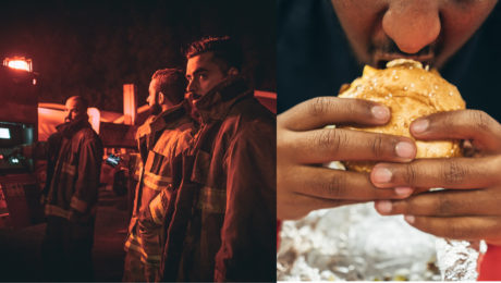 Hasiči pracujúci v nočnej zmene, stravovanie sa počas noci, ilustračné foto