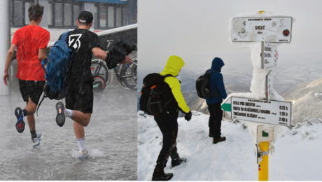 Bežiaci študenti po upršanej ulici v Košicaich, zasnežený Suchý vrch v Krivánskej Malej Fatre