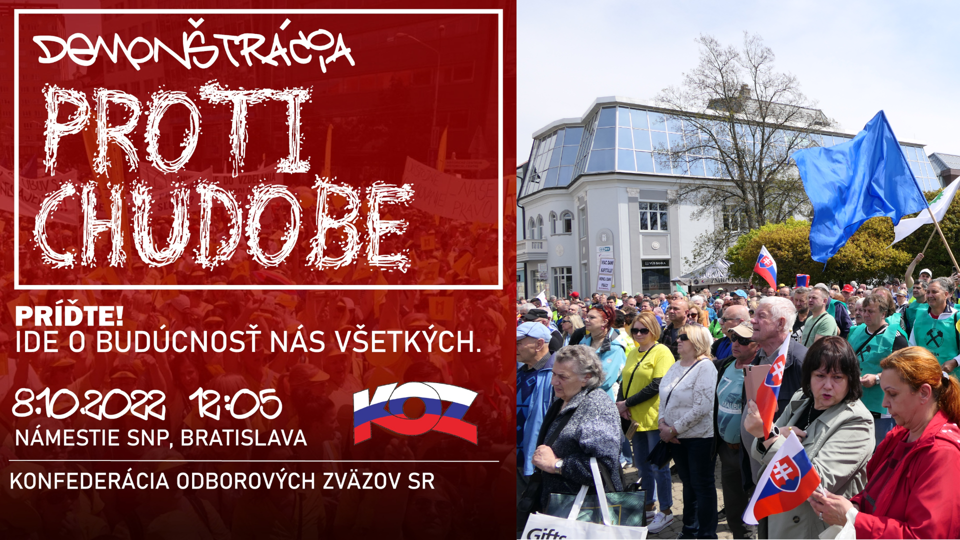 Demonštračný plagát Proti chudobe, protest odborárov v Žiline, ilustračná foto