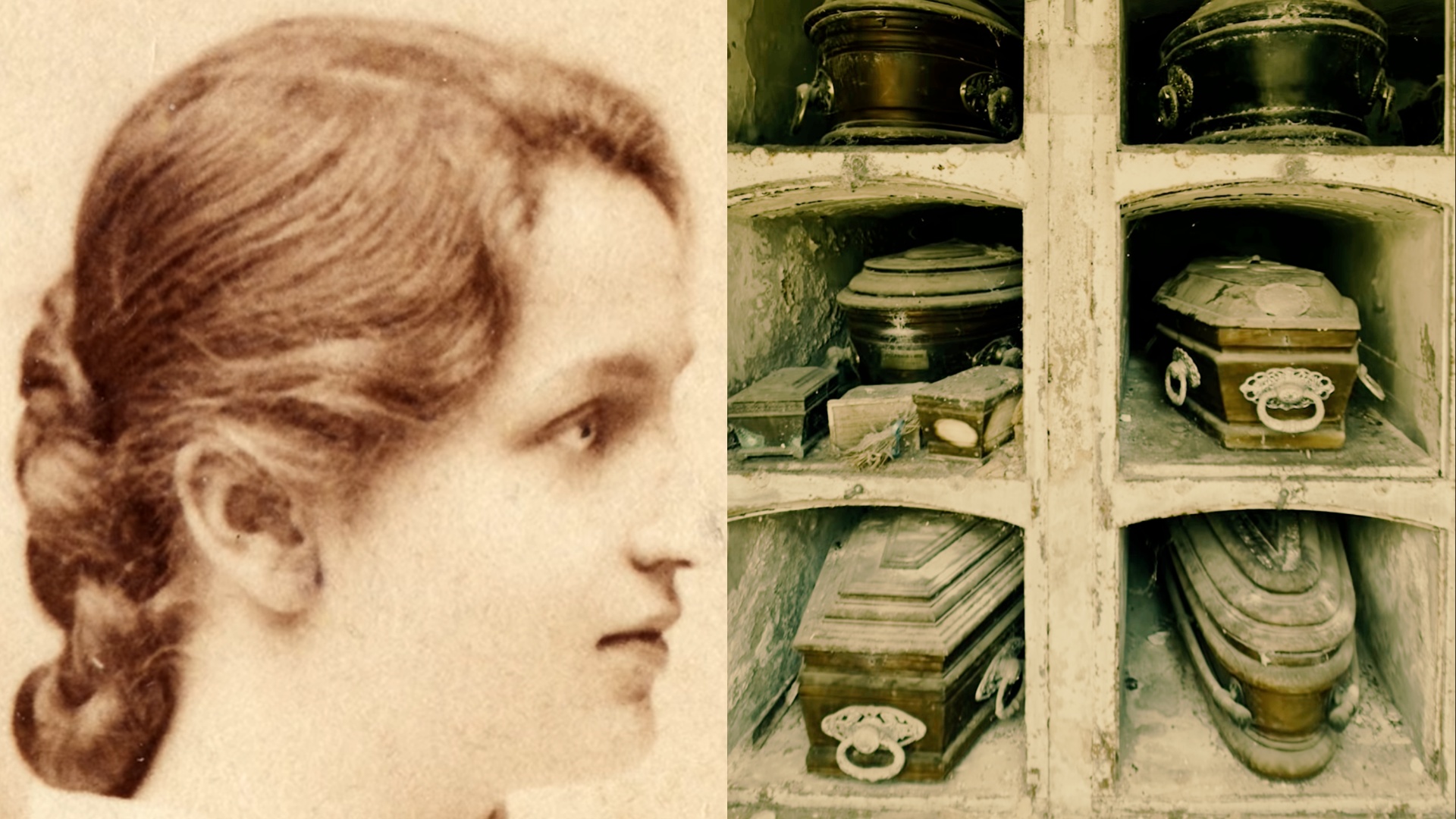 historický portrét ženy, rakvy