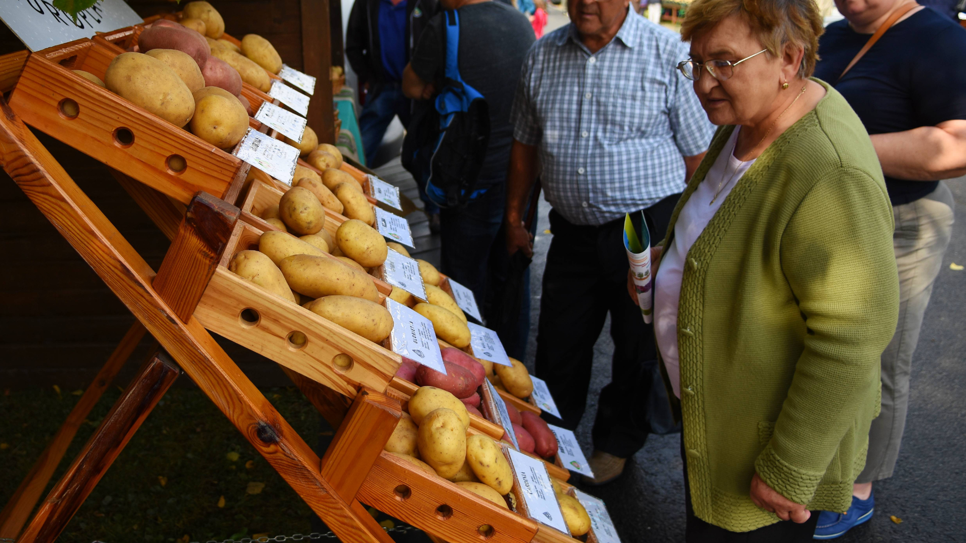 Jarmok v Spišskej Belej, pani si prezerá ceny zemiakov v stánku so zemiakmi
