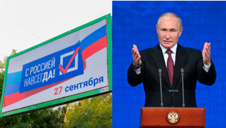 Bilboard v Luhanskej oblasti o referende, prezident Ruska Vladimir Putin