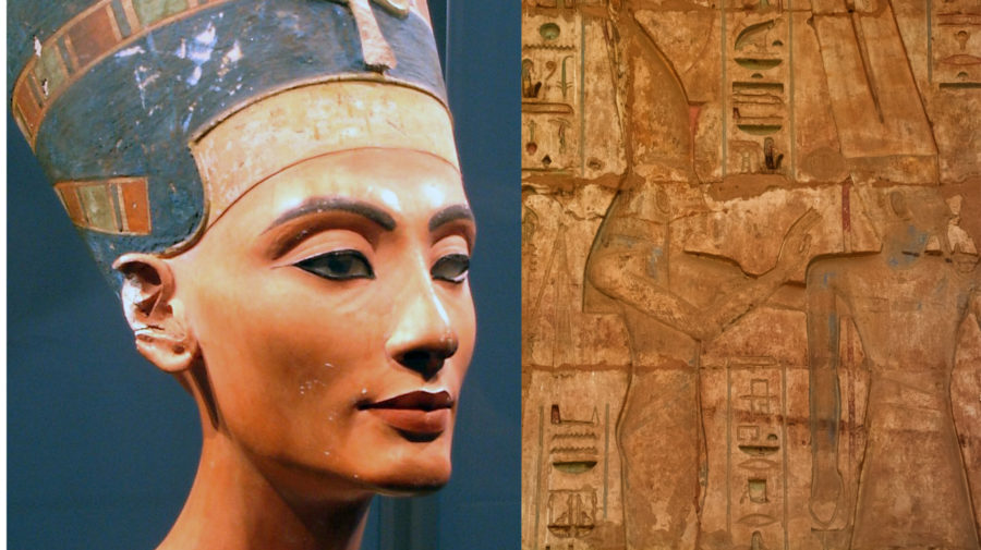 Kráľovná Nefertiti - podobizeň, vytesané hieroglify a náčrty v pyramíde, ilustračné foto