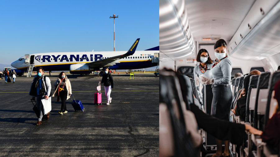 Letecká spoločnosť Ryanair na letisku, letušky starajúce sa o pasažierov