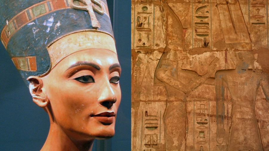 Kráľovná Nefertiti - podobizeň, vytesané hieroglify a náčrty v pyramíde, ilustračné foto