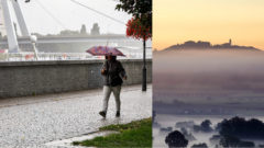 žena s dáždnikom kráča počas dažďa po Vajanského nábreží v Bratislave. Riedlingen, Nemecko - Kostol vystupuje z hmly