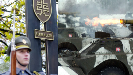 Vojak vykonáva stráž pred pamätníkom na uctenie si pamiatky slovenských vojakov, protitankové rakety 9K111