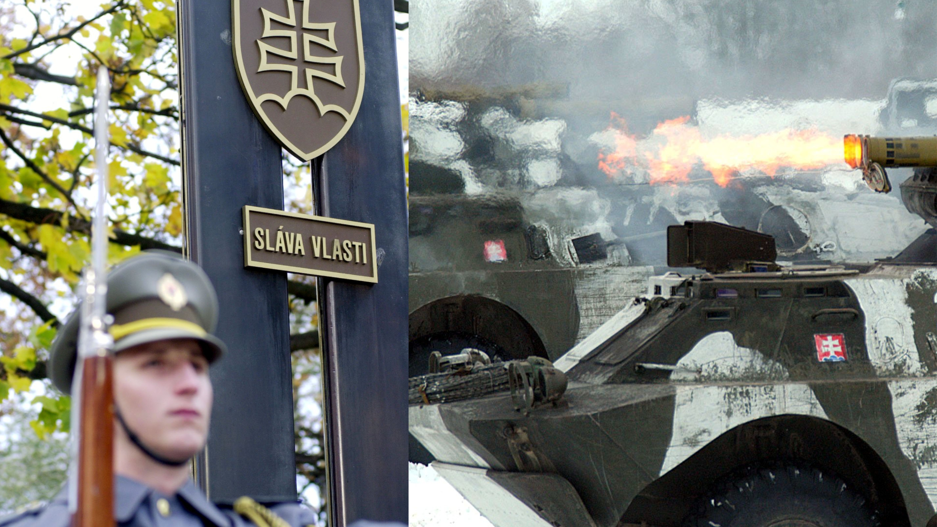 Vojak vykonáva stráž pred pamätníkom na uctenie si pamiatky slovenských vojakov, protitankové rakety 9K111