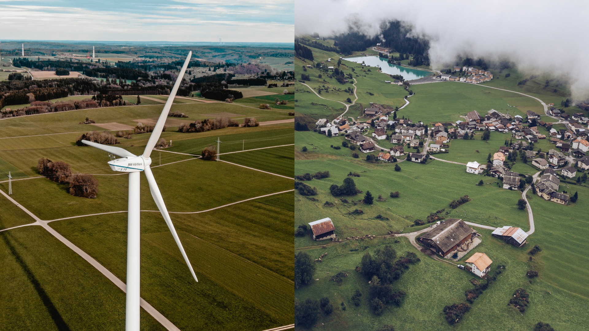 veterná elektráreň, dedina, polia