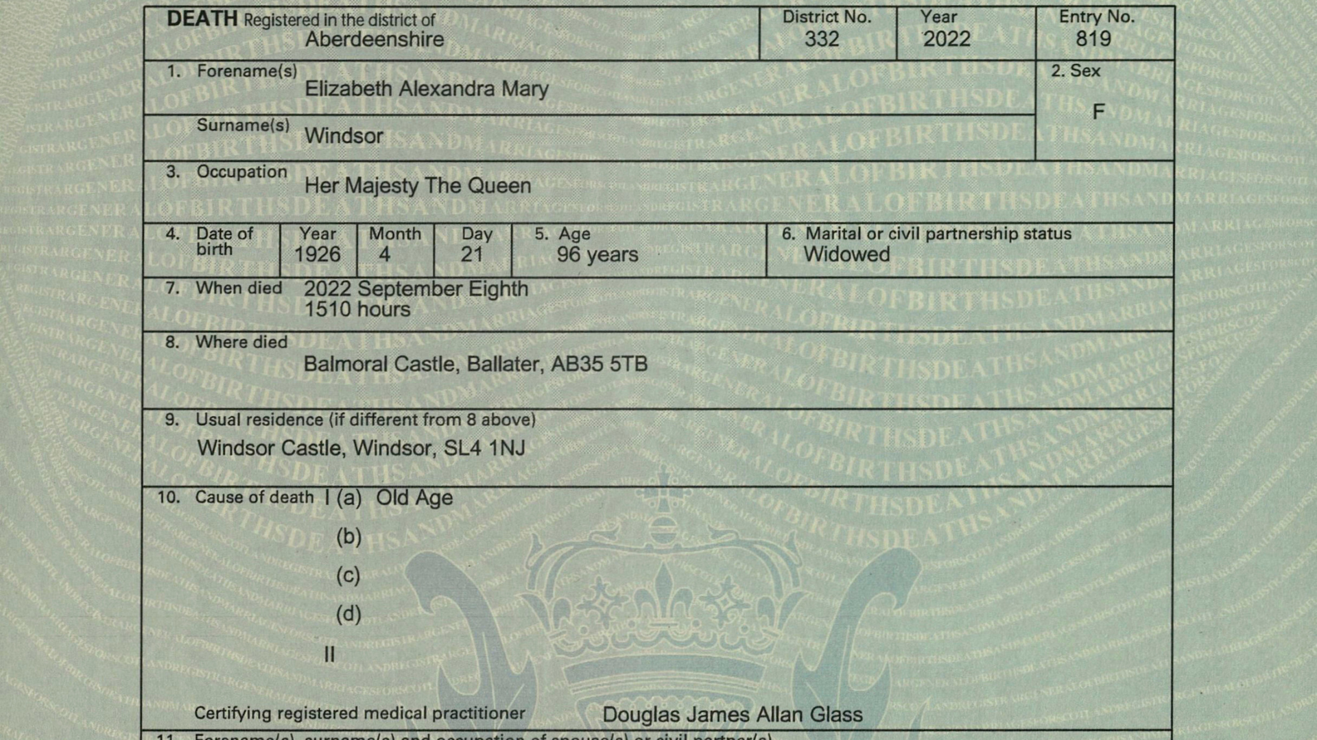 Úmrtný list kráľovnej Alžbety II.