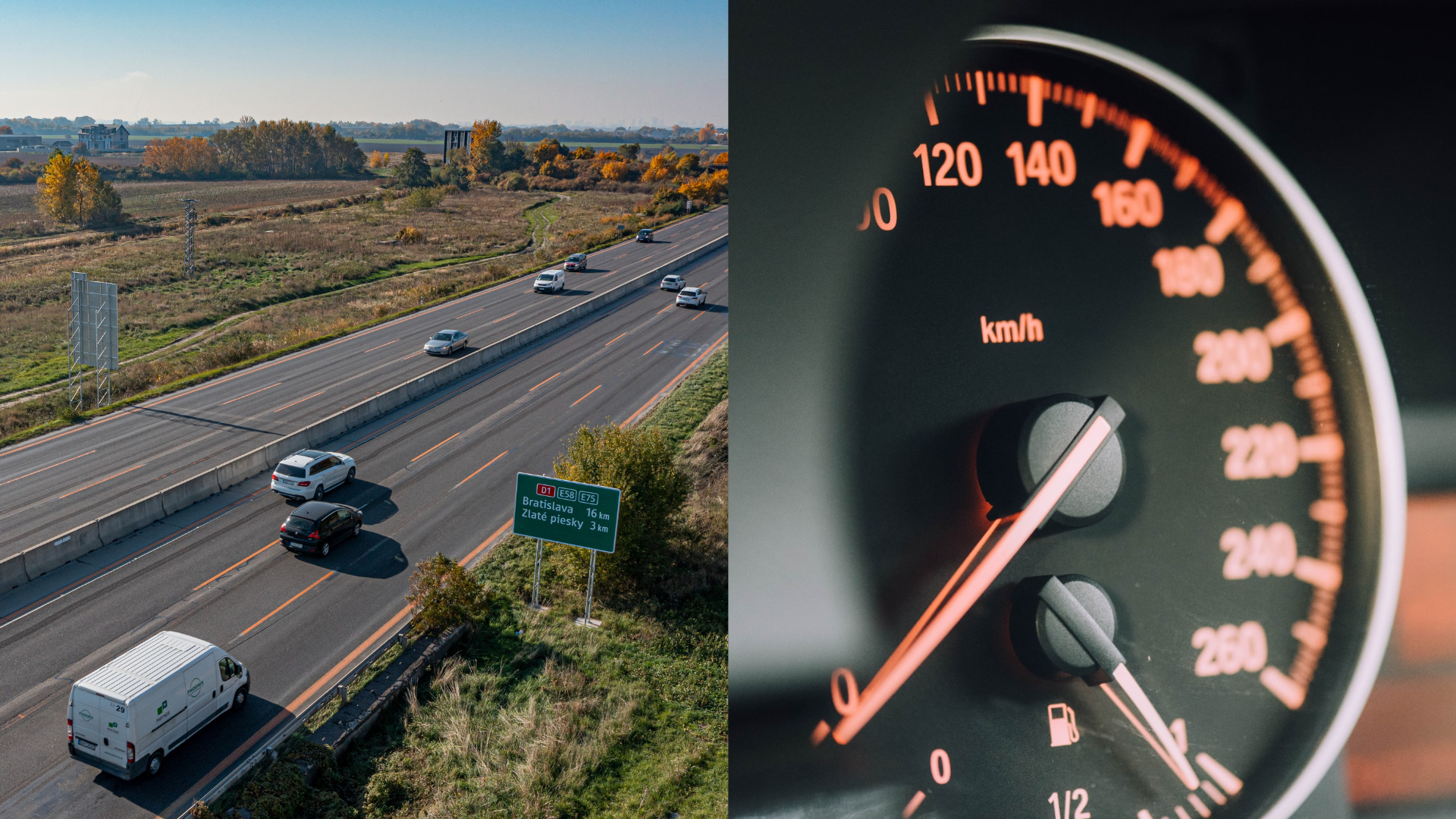 Autá na diaľnici a tachometer v aute