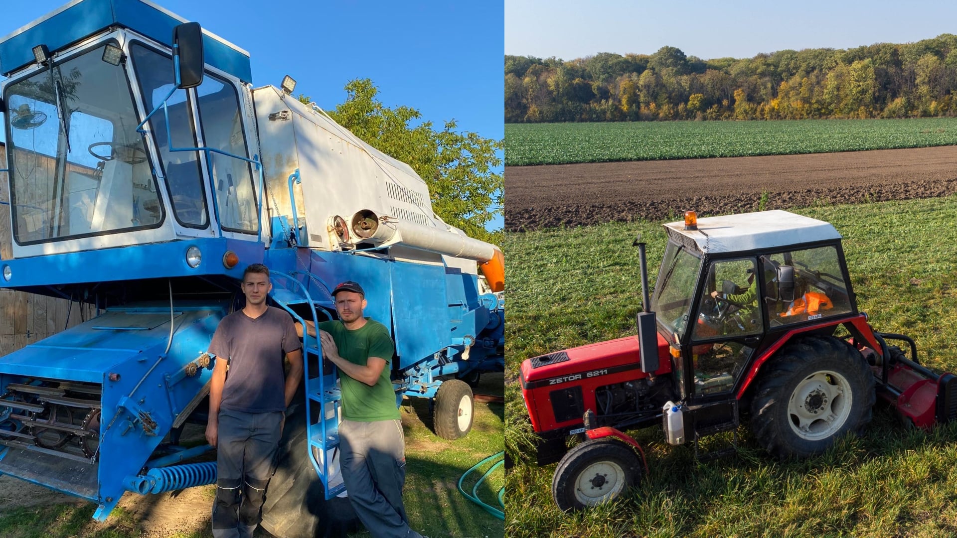 Na snímke je traktor pri žatve a farmári.