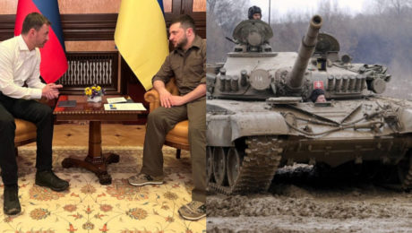 Slovenský premiér Eduard Heger na sedení s prezidentom Ukrajiny Zelenským. Diskutujú a pomoci Ukrajine. Slovenský tank s vojakmi a erbom