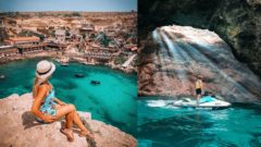 Na snímke je žena, ktorá sa zo skaly pozerá na dedinu na Malte.
