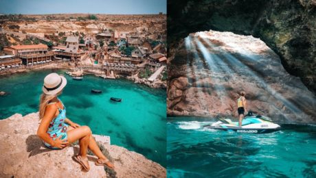 Na snímke je žena, ktorá sa zo skaly pozerá na dedinu na Malte.