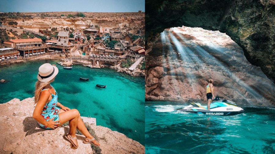 Na snímke je žena, ktorá sa zo skaly pozerá na dedinu na Malte.