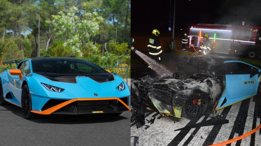 Na snímke sú plamene a Lamborghini.