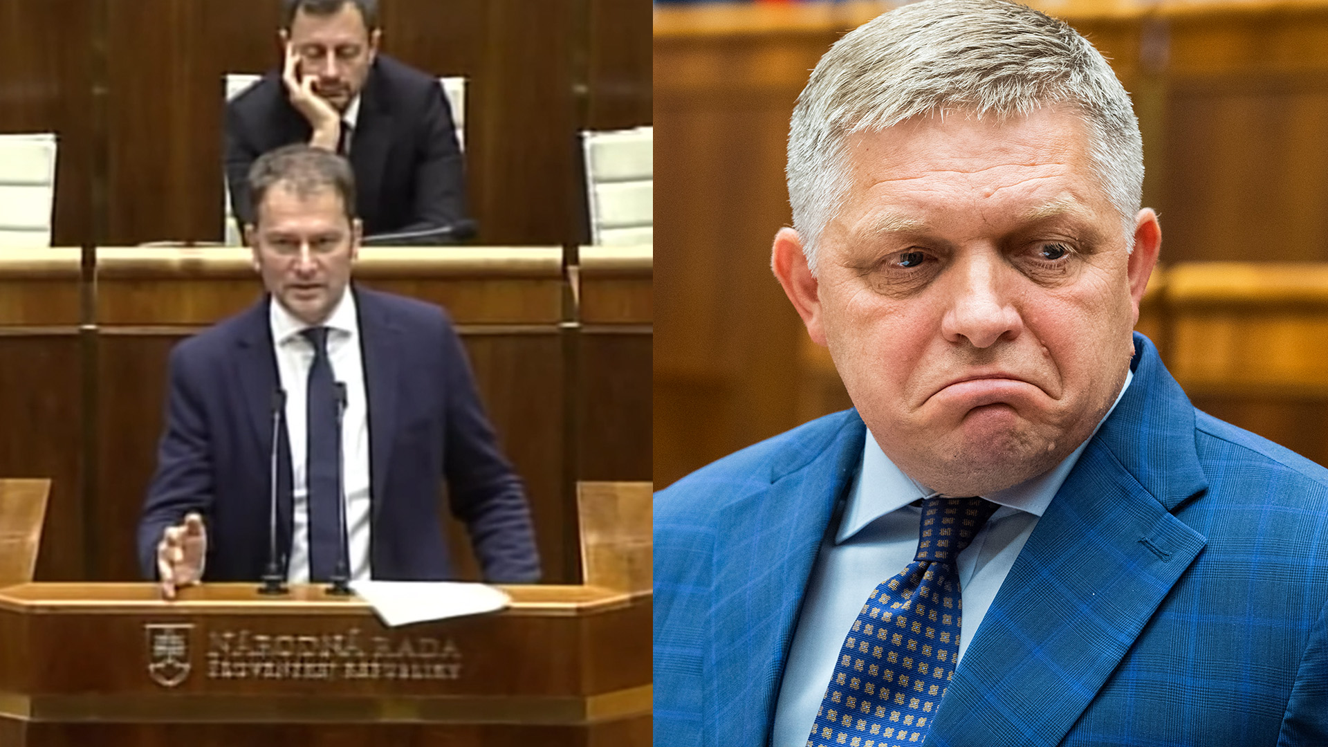Koláž fotiek zo zasadnutia NR SR. Na fotkách sú Igor Matovič a Robert Fico