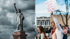 Socha slobody v New Yorku v zamračenom počasí. Nad sochou sa tiahajú mračná. Učiteľka protestuje na pochode v USA.
