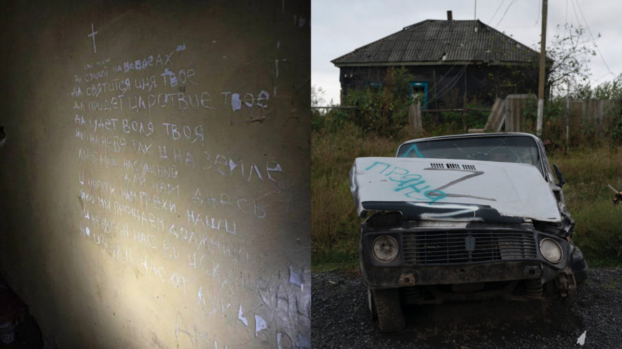 Stena väzenskej cely, v ktorej Rusi mučili Ukrajinských zajatcov v Balakliji. Zničené auto, na ktoré nasprejovali symbol Z na Ukrajine