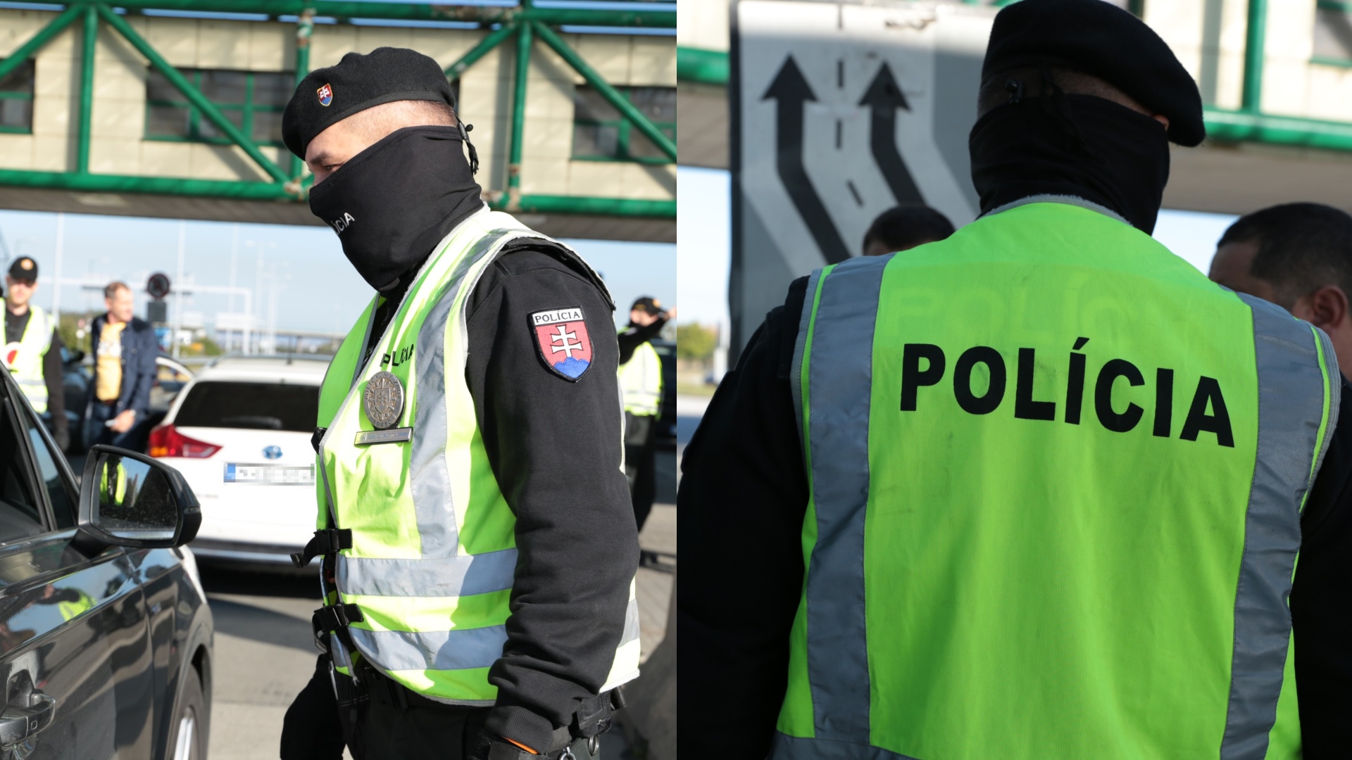 Na snímke sú policajti v zelených vestách.