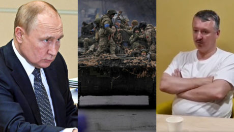 Ruský prezident Vladimir Putin znepokojený s vážnym výrazom. Ukrajinský tank preplnený vojakmi. Ruský nacionalista a vojenský kritik Strelkov Igor Girkin