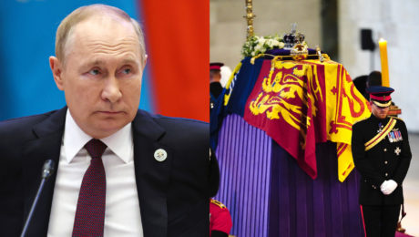 Ruský prezident Vladimir Putin a rakva kráľovej Alžbety