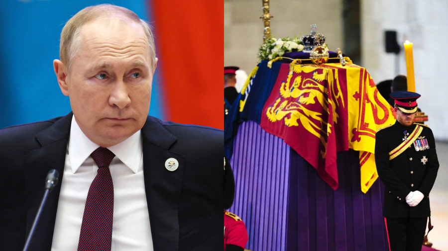 Ruský prezident Vladimir Putin a rakva kráľovej Alžbety
