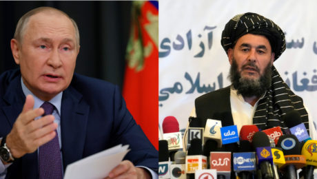 vlavo putin rozprava, vpravo taliban