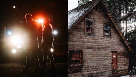 Na snímke sú postavy v tme a chata.