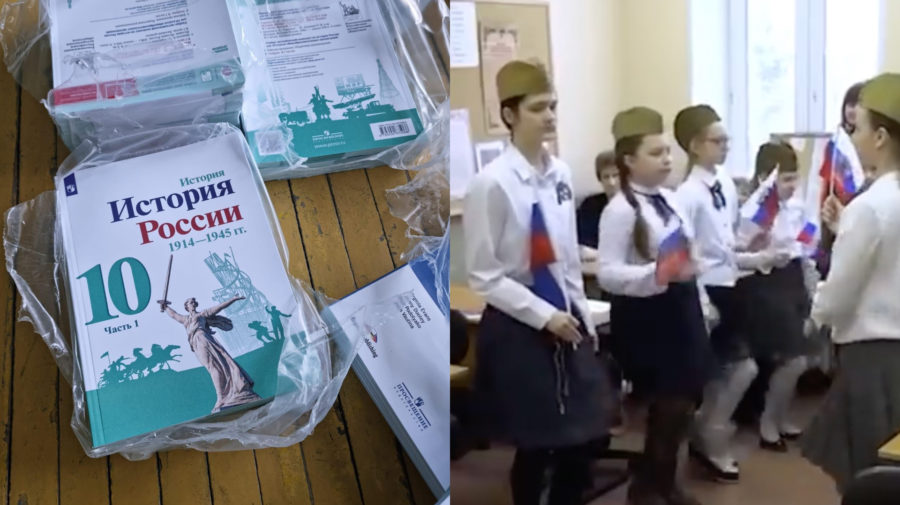 Ruské učebnice, ktoré v snahe rusifikovať Ukrajinu nechali po sebe okupanti. Ukrajinské deti sú nútené spievať ruskú hymnu s vlajkami federácie