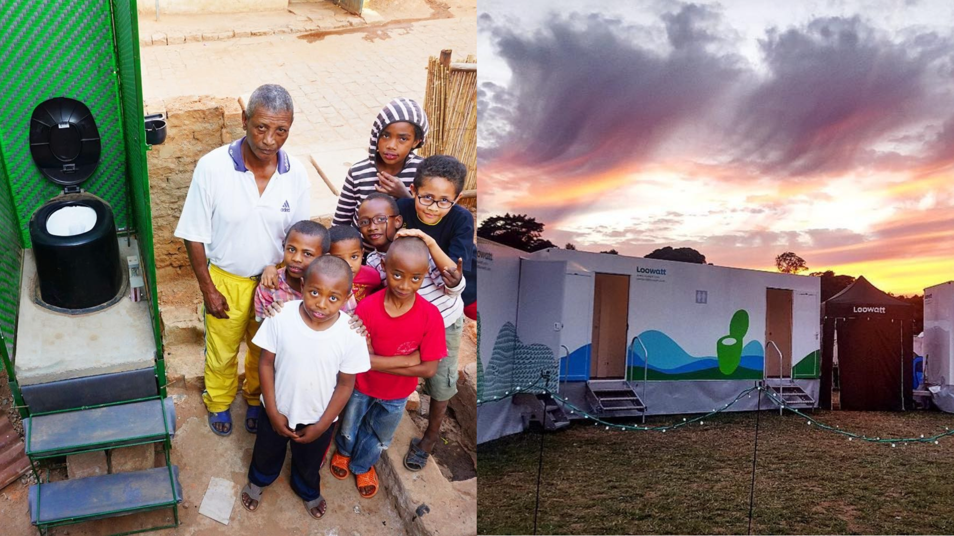 vľavo systém toaliet bez vody, vpravo miestni obyvatelia s toaletou bez vody