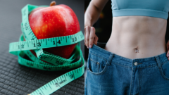 vpravo chudá ženská postava, vľavo jablko s metrom na meranie proporcií