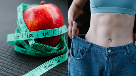 vpravo chudá ženská postava, vľavo jablko s metrom na meranie proporcií