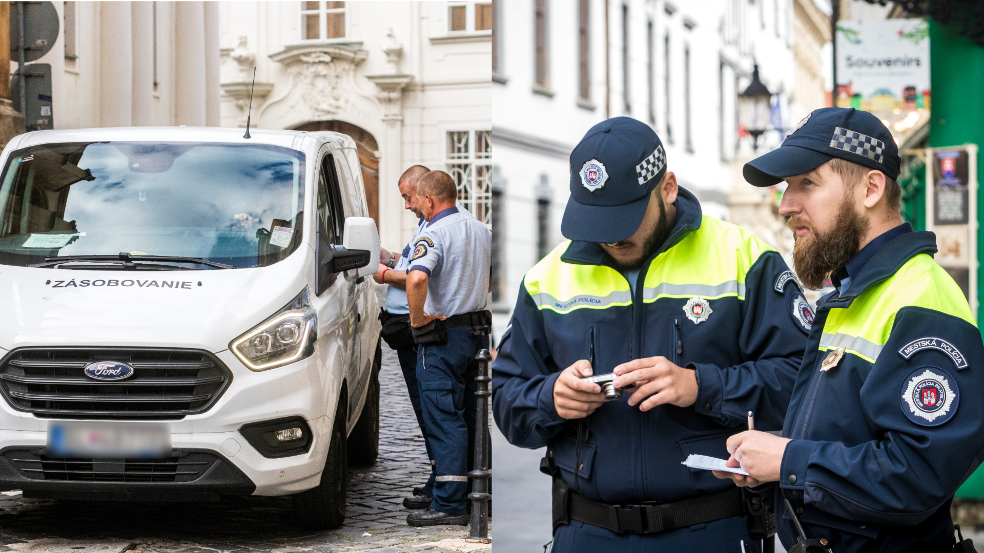 vpravo mestskí policajti bratislavy, vľavo mestskí policajti bratislavy robia prísne kontroly, aby zabránili parkovaniu na peších zónach