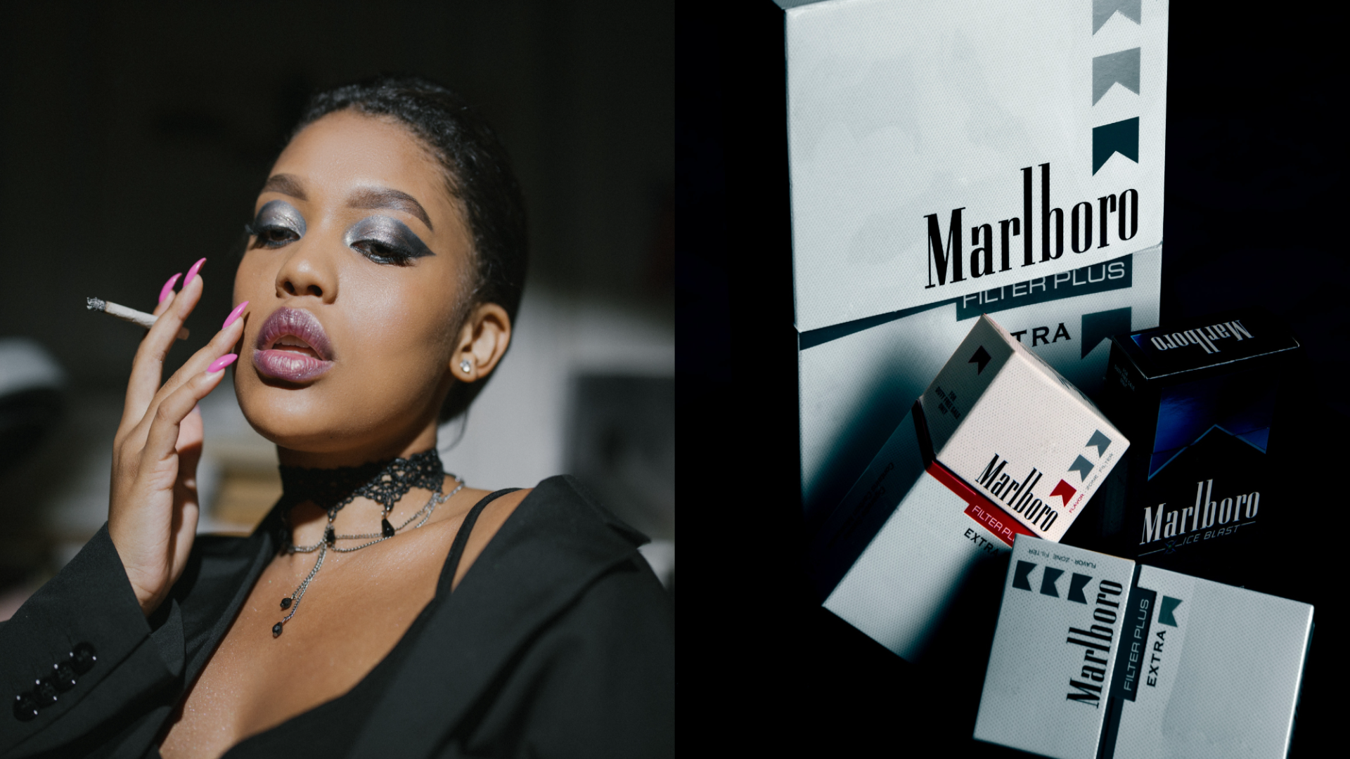 vpravo krabičky od cigariet, vľavo žena držiaca v ruke zapálenú cigaretu