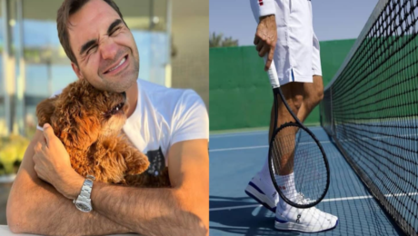vľavo tenista roger federer na tenisovom kurte, vpravo tenista roger federer so svojím psom