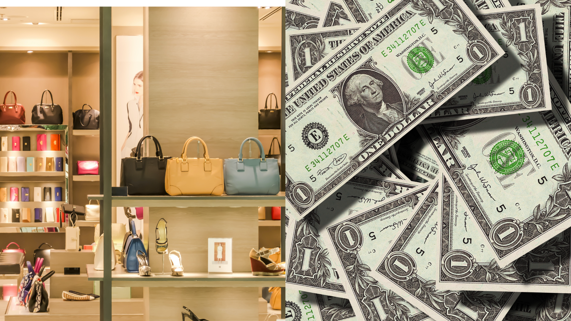 vpravo bankovky, vľavo butik s obuvou a kabelkami