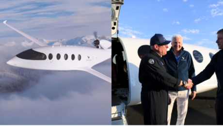 vpravo muži, ktorí sa podieľali na skúške osobného bezemisného lietadla alice, vľavo osobné lietadlo alice od spoločnosti eviation