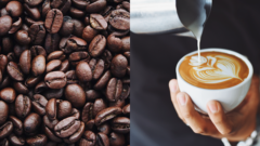 vpravo barista pripravuje kávu, vľavo zrná kávy